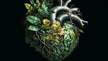 Anatomical human heart formed by leaves and tree branches. AI generated photo