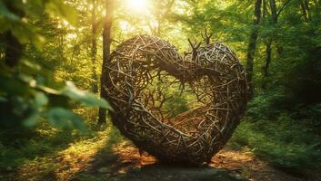 Heart formed by tree branches and leaves on a forest trail. AI generated photo