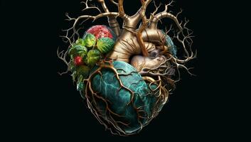 Anatomical human heart formed by leaves and tree branches. AI generated photo