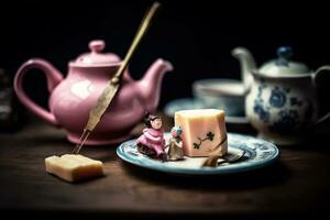 Still life illustration of breakfast with pink porcelain teapot. AI generated photo