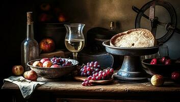 Illustration still life with fruit on wooden table, rustic kitchen, in dramatic tones. AI generator photo