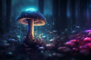 Vibrant illustration of irisdiscent mushrooms, in the forest at night, created by AI generator photo