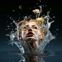 Vibrant illustration of a female figure enveloped in a splash of water, with flowers. AI generated. Not a person photo