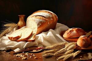 Illustration still life with various types of fresh bread and ears of wheat. AI generated photo