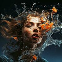 Vibrant illustration of a female figure enveloped in a splash of water, with flowers. AI generated. Not a person photo