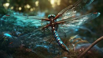 Illustration of a beautiful blue dragonfly. AI generated photo