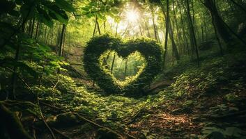 Heart formed by tree branches and leaves on a forest trail. AI generated photo