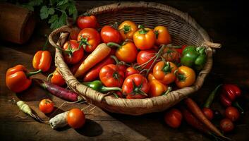 Wicker basket filled with ripe tomatoes. AI generated photo