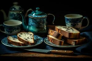 mesa con azul porcelana tazas y tetera y rebanadas de un pan y pastel para desayuno. ai generado foto