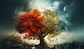 Illustration with a tree with autumn tones. AI generated photo