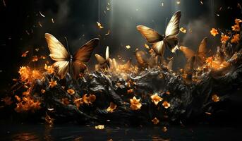 Dark and golden butterflies. AI generated photo