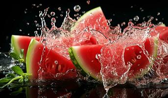 Realistic image of watermelon in splashing water. AI generated photo