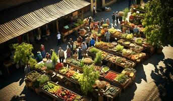 aéreo ver de Fruta y vegetal mercado. ai generado foto