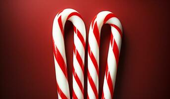 Candy canes on a red background. AI generated photo