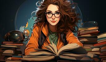 Student girl with school book, education concept. AI generated photo