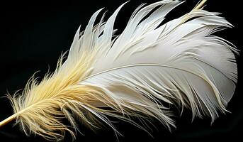 Closeup of white feathers on black background. AI generated photo