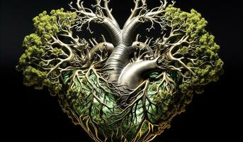 Anatomical heart surrounded by leaves and branches. AI generated photo