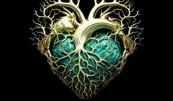 Anatomical heart surrounded by leaves and branches. AI generated photo