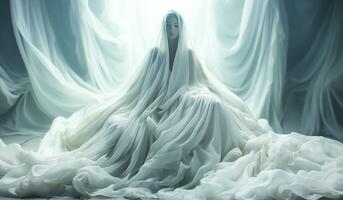 Enigmatic illustration of a body covered with a huge white curtain, which spreads on the floor. AI generated photo