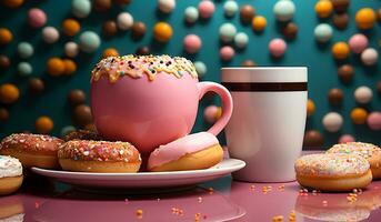 Pink cup of coffee and tasty donuts. AI generated photo