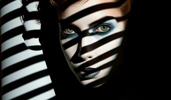Fantasy face painting, zebra look, in white and black. AI generated photo