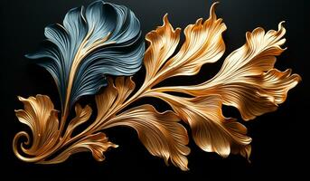 Abstract blue and golden leaves on black background. AI generated photo