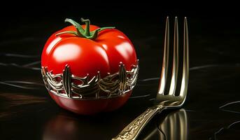 Cherry tomato and a fork. AI generated photo