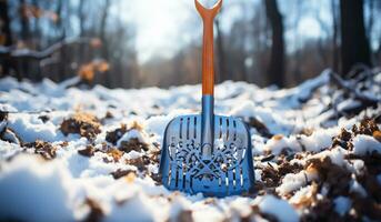 Detail of shovel to clear snow. AI generated photo
