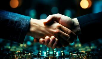 Handshake between men as a sign of a work agreement. AI generated photo