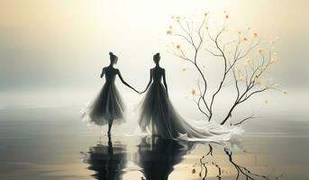 Two dancers, outside doors, dance in the dim light, with fog. AI generated photo