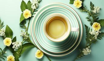 Green and flowery background with green porcelain cup. AI generated photo