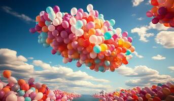 Large group of colorful balloons hovering in the air. AI generated photo