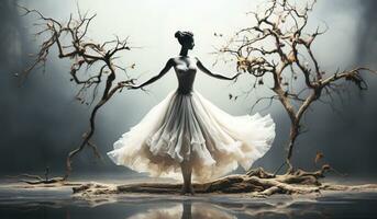 Dancer, outside doors, dance in the dim light, with fog. AI generated photo