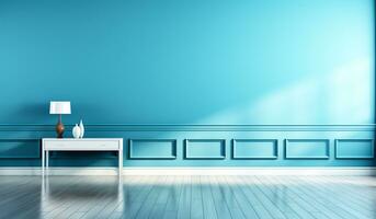 Minimalist turquoise interior decor. Free space for text. AI generated photo