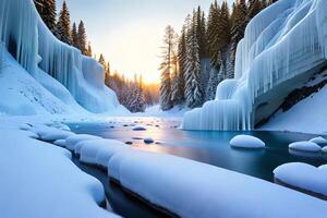 A cemented waterfall taking after a pulverizing stone shape in a winter wonderland. photo