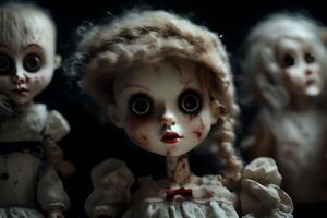 Unpleasant dolls, startling large scale highlighting spooky highlights. Creative resource, photo
