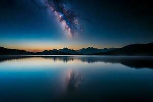 A mesmerizing night sky over a calm lake, reflecting the stars and the Smooth Way. AI Generated photo