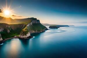 A breathtaking airborne see of remarkable coastal cliffs get together the basic blue ocean. photo