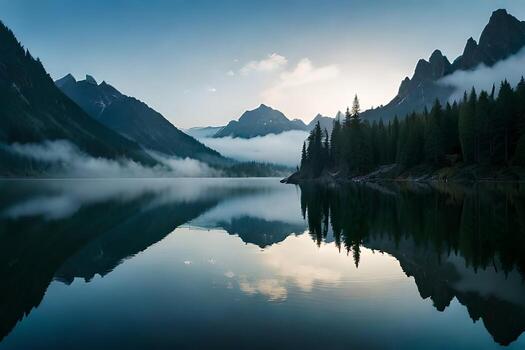 A haze secured mountain lake with evergreen trees reflected on its sparkly surface. photo