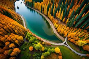 A stun forward pass watch of a fart river cutting through a vibrant fall forest. Creative resource, photo