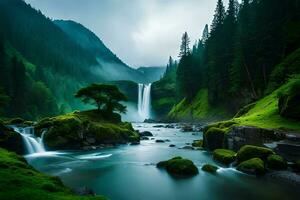 A imperial waterfall surrounded by alcoholic greenery and malefic , showcasing the baron and collision of nature. Creative resource, AI Generated photo