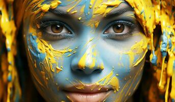 Fantasy portrait of woman with yellow ink on her face. AI generated photo