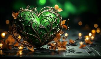 Artistic green and gold heart jewel. AI generated photo