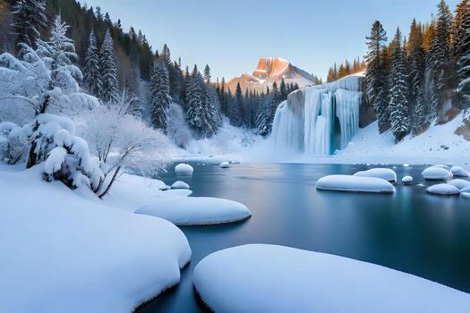 A cemented waterfall taking after a pivotal stone shape in a winter wonderland. photo