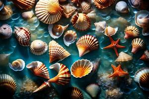 Coastal seashells on water, washed in dynamic studio lighting, making a enchanted appeal. Creative resource, AI Generated photo