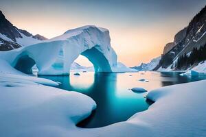 A colossal drifting ice sheet shaping a characteristic twist over the bone chilling waters. Ai Generated photo