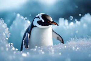 An cute penguin captured in frosty wonderland large scale. Creative resource, AI Generated photo