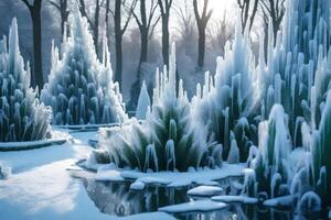 a botanical make changed by winter, with set wellsprings and plants brightened with ice. Creative resource, photo