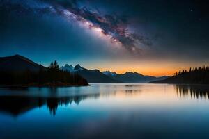 A mesmerizing night sky over a calm lake, reflecting the stars and the Smooth Way. photo