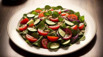 hermoso vegetal ensalada de vigorizante tomate , Pepino , cebolla , Espinacas , lechuga y sésamo en hogar dentadura . dieta menú . exceder estipular. creativo recurso, ai generado foto